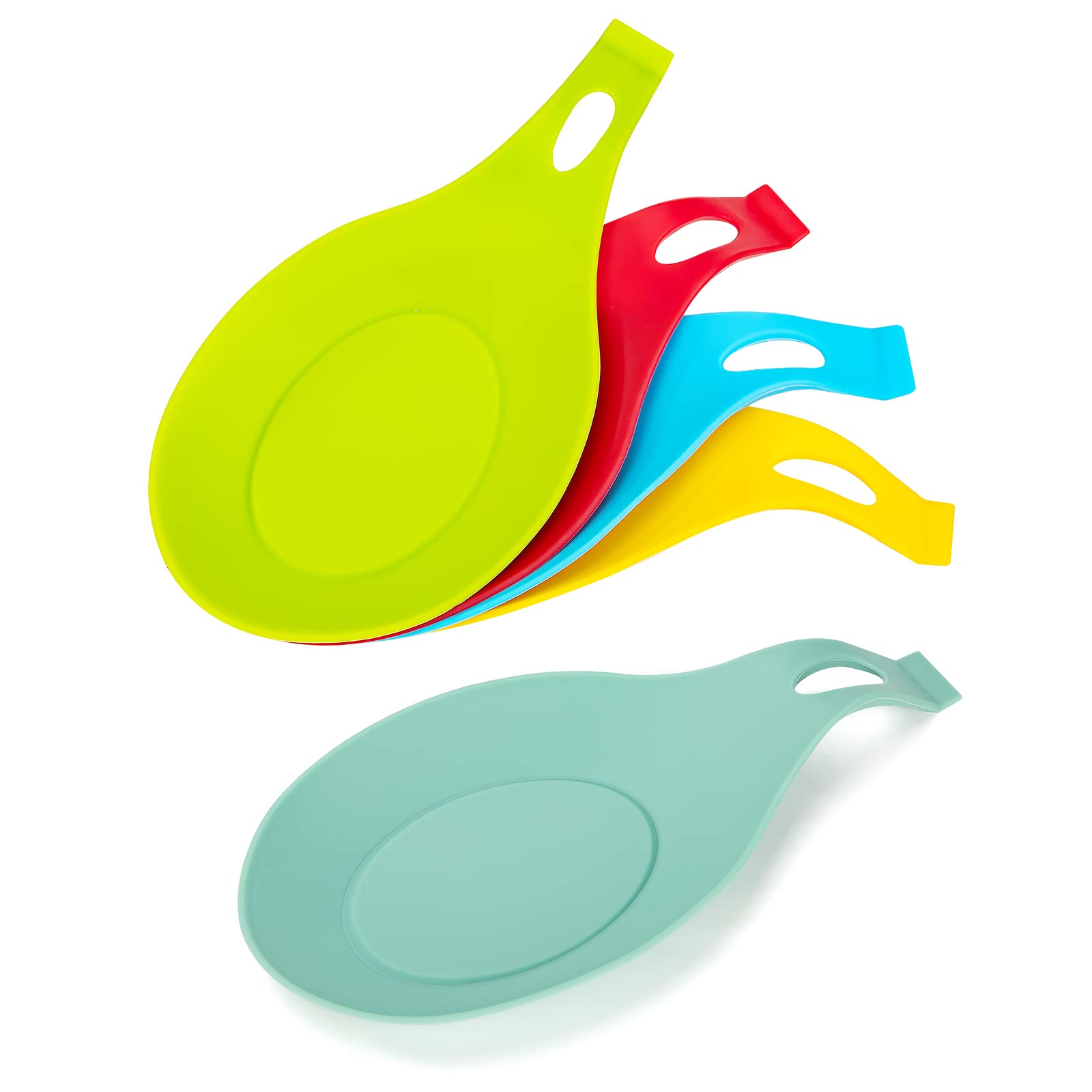 Poggia Cucchiaio Silicone Poggiamestolo Resistente al Calore da Cucina Porta Cucchiaio Flessibile a Forma di Mandorla per Spatole, Cucchiai 5 Pezzi (5 Colori)