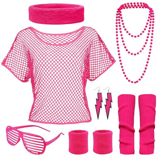 GWAWG Costume Années 90 Femme | Haut en Maille Rose Fluorescent | Set Rétro avec Collier, Bandaux...