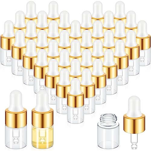 100 Pcs Mini Glass Oil Dropper Bottle Bulk, Clear Essential Small Empty Bottles Sample Containers Perfume Liquid Vials with Cap for Traveling (2 ml,Gold)