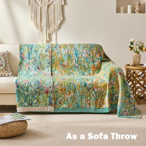 Image of VANJOROY King Boho Throw Blanket, 100% Organic Cotton Breathable Skin-Friendly Ultra Soft 91 inch x 98 inch Bed Quilt Green Leaf Throw - Floral Rustic Luxury Reversible Blanket for Sofa Couch Chair and Gift