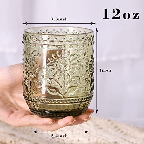Airsky Set Of 6 Olive Green Vintage Drinking Glassware- 12Oz Green Glass Drinking Cups, Thick Farmhouse Drinking Glasses thumb #1
