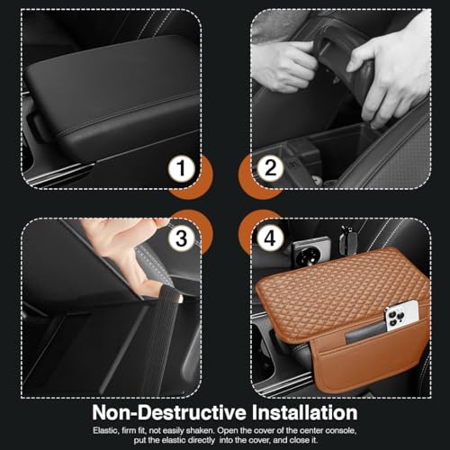Image of Lyrovo PU Leather Car Armrest Cushion Pad With Side Pockets, Universal Fit for All Car (Brown)