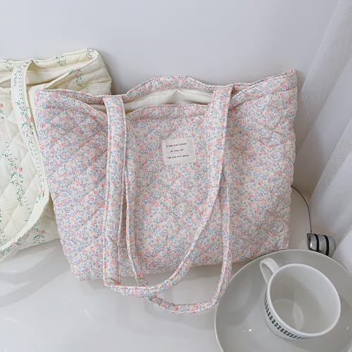 Image of Floral Quilted Cotton Shoulder Bag for Women Daily Use Medium Size Handbag Large Capacity Thickened Design Tote