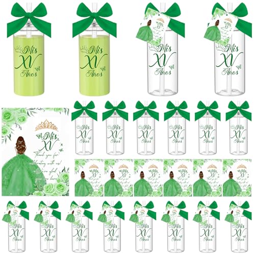 Honeydak 25 Sets Quinceanera Party Favors Tumbler Lids Straws, Green