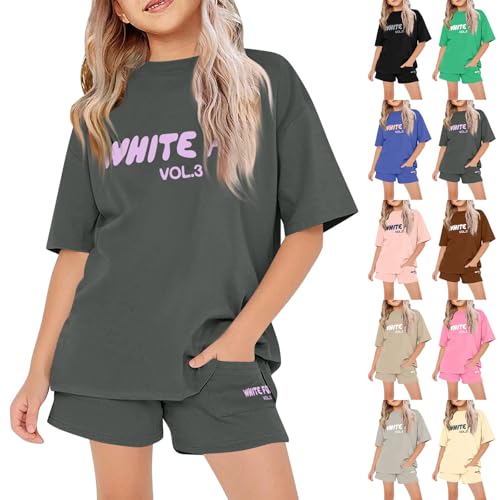 Girls Tracksuit Set Kids T-shirt and Shorts 2 Piece Activewear Summer Outfits Short Sleeve Comfortable Breathable Casual Oversized Loose Skin-Friendly Letter Print Top Sweatshirt and Sweatpants Outfit