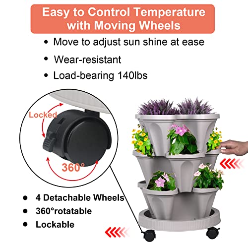 DUNCHATY Stackable Planter, Vertical Garden Planter with Wheels and Tools, Self Watering Strawberry Planter Indoor/Outdoor 3 Tier Herb Planter Pots for Growing Vegetables and Succulents,Gray