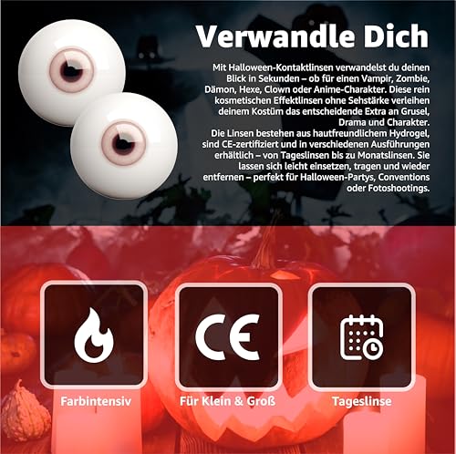 Weisse Farbige Linsen & Geprüfte Kontaktlinsen - Grußlige Tageslinsen für Halloween & Fasching - ohne Stärke - Vampir & Dracula (1 Paar / 2 Stück) (weiß)