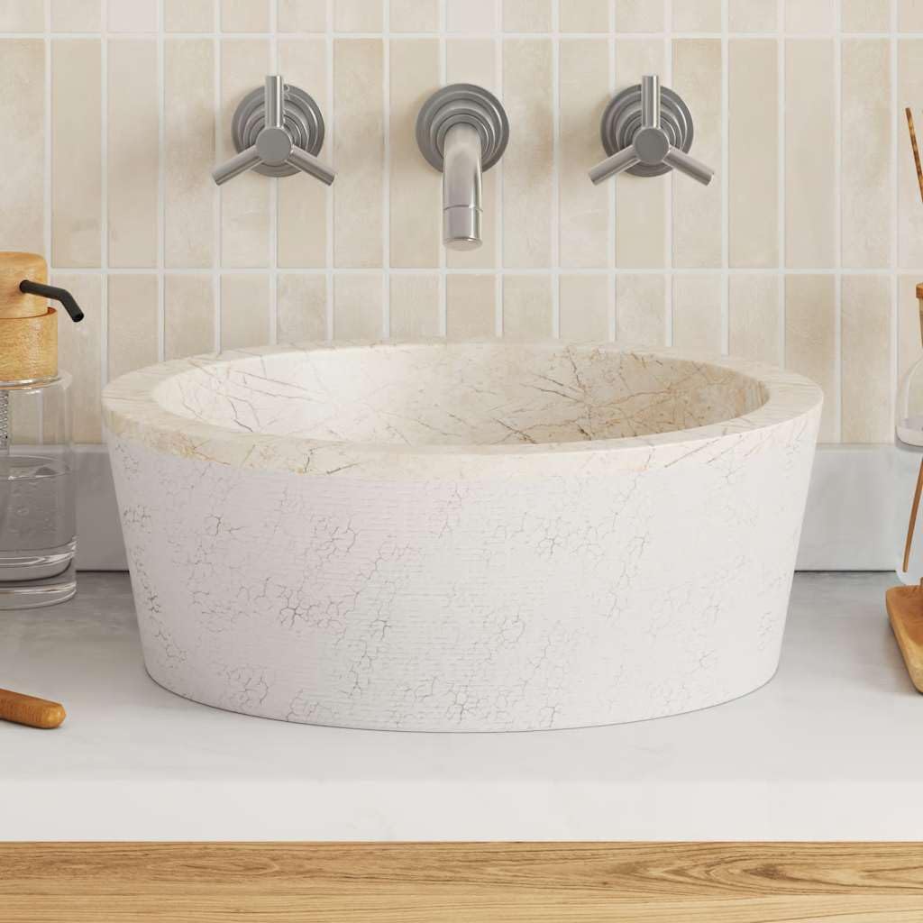 Lavabo de mármol hecho a mano, color crema, diámetro 40 x 15 cm, accesorio para baño, lavadero e inodoro de invitados, redondo con orificio de drenaje de 4,5 cm