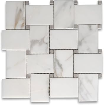 Calacatta Gold Marble Large Basketweave Mosaic Tile w/Cinderella Gray Tan Dots Honed Kitchen Bath Wall Floor Backsplash Shower 1 Sheet
