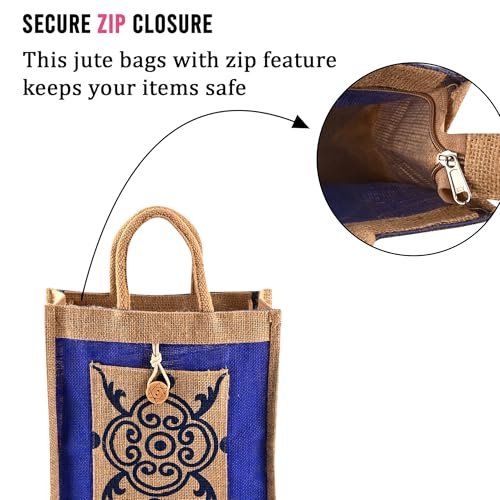 Image of Kuber Industries 3 Pcs Jute Medium Shopping Bag for Women with Handle | Reusable Carry /Shopping Bag for Grocery | Flower Design - Brown & Blue