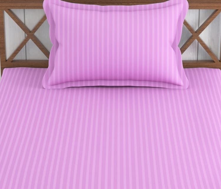 Image of Trance Home Linen 100% Cotton 72x30 inch Single Fitted 200TC Satin Stripe Elastic Fitted Bedsheet | Single Bed Size Daily use Fitted Bedspread with 1 Pillow Covers (72 inchx30 inch | 6x2.5 feet,Light Pink)