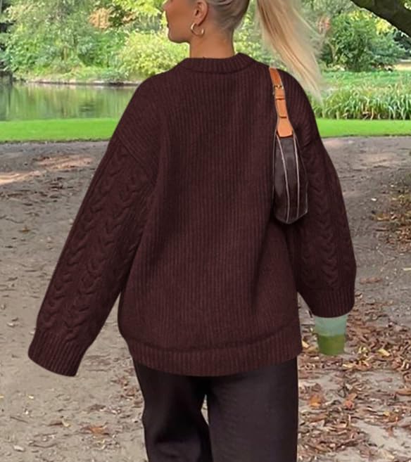 Okiwam Women's Oversized Sweaters Crewneck Cable Knit Pullover Casual Loose Fall Outfits Fashion Clothes 2025