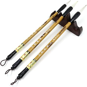 3 Sizes Chinese Writing Brush with Wood Rack Pen Rest, Calligraphy Brush Set, Sumi Painting Drawing Brushes, Kanji Art Brushes for Professional Beginners Large, Medium, Small Size