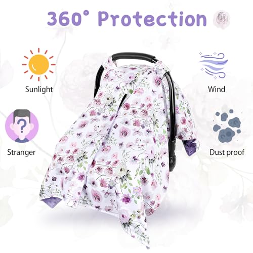 Image of Baby Car Seat Cover, Soft Minky Warm Winter Car Seat Canopy for Infants & Toddlers, Opening with Adjustable Strap, Breathable Nursing Cover & Stroller Blanket, Purple Flowers (Fits Most Car Seats)