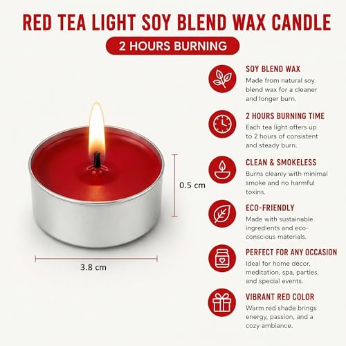 Image of Unscented Tea Light Candles | Soy Wax Blend Long-Lasting with Cotton Wick | Perfect for Home Decor, Parties, Weddings, and More | Set of 100 (Red)