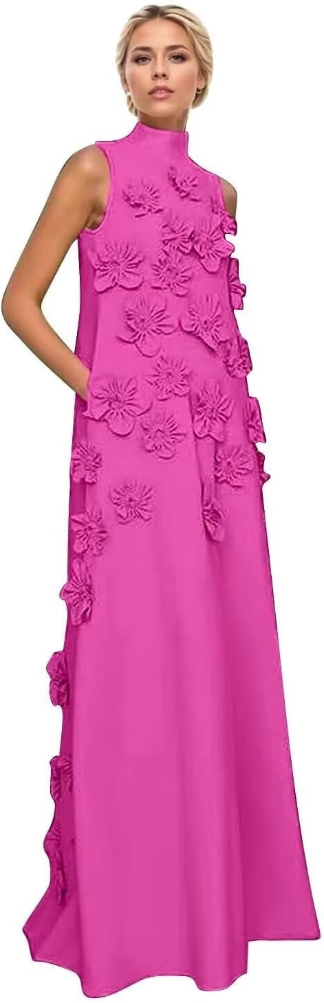 Lorencia 3D Flower Mother of the Bride Dresses with Pockets Long Chiffon High Neck Prom Dress Formal Evening Gowns