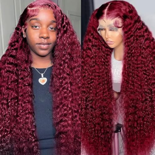 Image of Nsvnsv Burgundy Wig Human Hair 99j Burgundy 13x6 Deep Wave Lace Front Wigs Human Hair Pre Plucked 180% Density HD Transparent Lace Frontal Wigs for Black Women Red Colored Wig 32 Inch