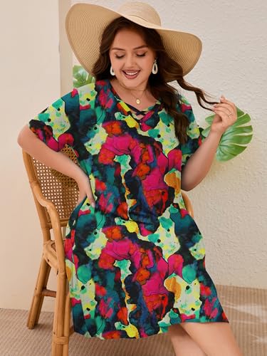 Image of AusLook Plus Size Midi Dress for Women Short Sleeve V Neck Criss Cross A Line Summer Casual Vacation Sundresses with Pockets