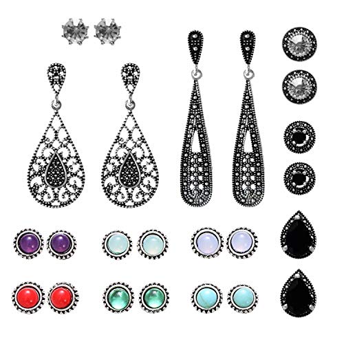 Meyfancy 12 Pairs Multiple Stud Earrings Set, Boho Vintage Crystal CZ Dangle Ear Ring, Bohemian Hypoallergenic Ear Piercing Jewelry