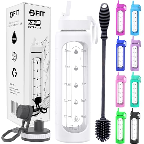 FIT Strong & Healthy Glass Water Bottle with Time Marker Reminder 32 oz - EXTRA LID, Reusable, Wide Mouth, Leakproof, Large Motivational Water Bottle, Waterbottle (White, Cleaning Brush)
