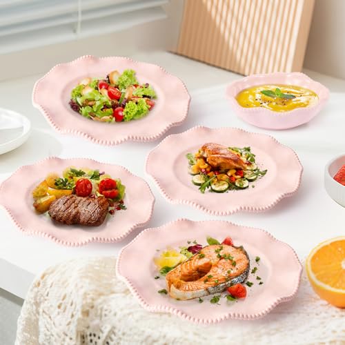 Image of Pink Melamine Dinnerware Sets for 4,Scalloped Plates and Bowls Set with Beaded Edge, BPA Free Dishwasher Safe, Heavy Duty Shatterproof Unbreakable Tableware for Wedding Party Camping Outdoor