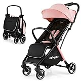 BABY JOY Lightweight Baby Stroller, Compact Travel Stroller for Airplane, Infant Toddler Stroller w/Adjustable Backrest & Canopy, Storage Basket, Self Standing Gravity Fold, Aluminium Frame (Pink)