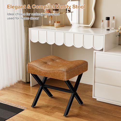 Image of Memobarco 18-Inch Large Leather Vanity Stool, Vanity Chair with Metal X-Leg, Ottoman Accent Stool with Thick Padded Saddle Seat, Brown