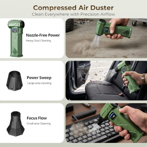 Compressed Air Duster, 130000RPM High-Speed Electric Air Duster with Smart LED Display & Stepless Speed Control, Rechargeable Cordless Air Blower for PC Keyboard, Car & Home Cleaning (Green) - image 6