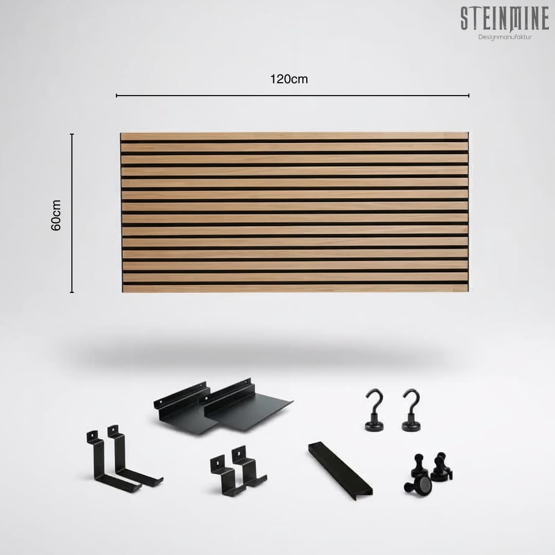 Steinmine - Designmanufaktur Wandorganizer (60 x 120 cm) - Akustikpaneel mit Eichenholzlamellen - inkl. Zubehör - einfache Montage - für Büro, Flur, Küche, Bad und mehr