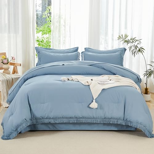 Image of Andency Full Size Comforter Set Grayish Blue -7 Pieces Boho Tassel Bed in a Bag Soft Lightweight Bedding Sets, All Season Fringe Bed Set with Comforter, Sheets, Pillowcases & Shams