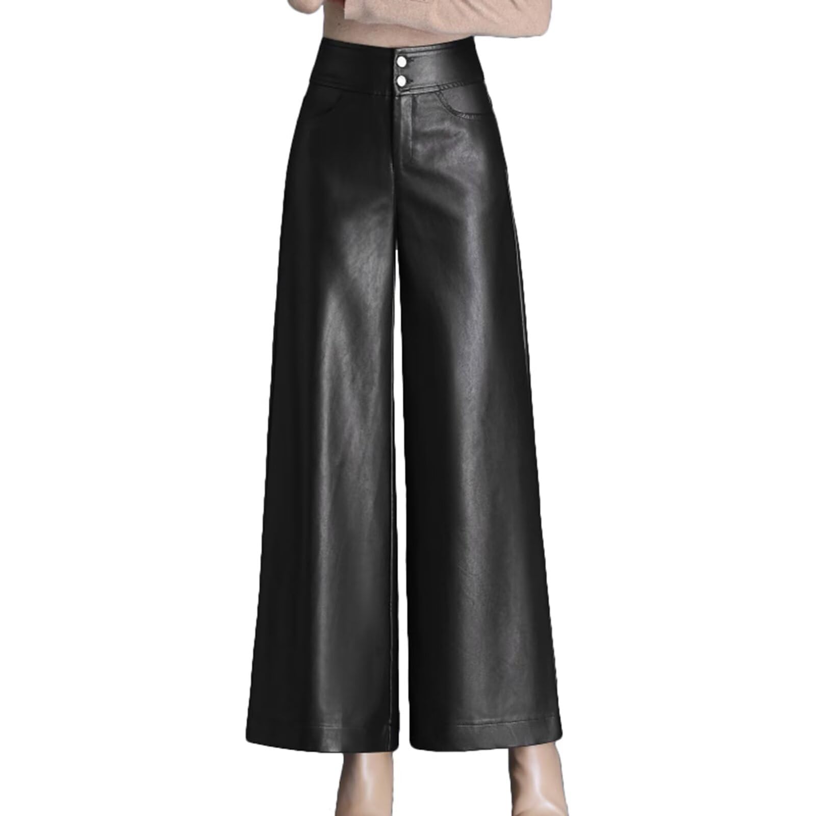 Pantalones de Cuero Mujer Pierna Ancha Cintura Alta Pantalón Elegante Mujer Moda