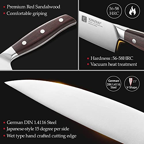 XINZUO 5 Piezas Set Cuchillo Cocina Acero Inoxidable Alemán 1.4116, Profesional Acero Inoxidable de Alto Carbón Cuchillo de Chef Santoku Fileteador Universal Fruta- Mango de Red Sandalwood - imagen 5