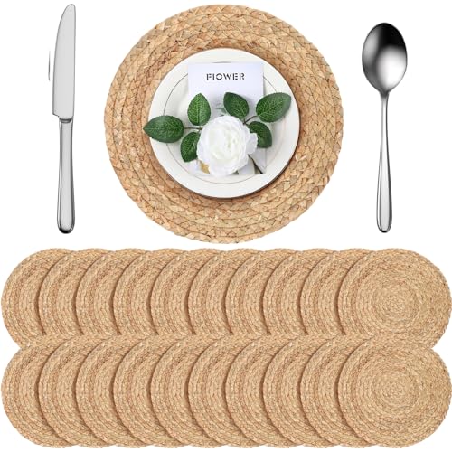 Image of FoldTier 20 Pcs Round Placemats Bulk Plate Chargers Set 11.8 Inch Woven Placemat Rustic Braided Straw Rattan Charger Natural Water Hyacinth Place Mat for Wedding Party Table Single Tableware Use