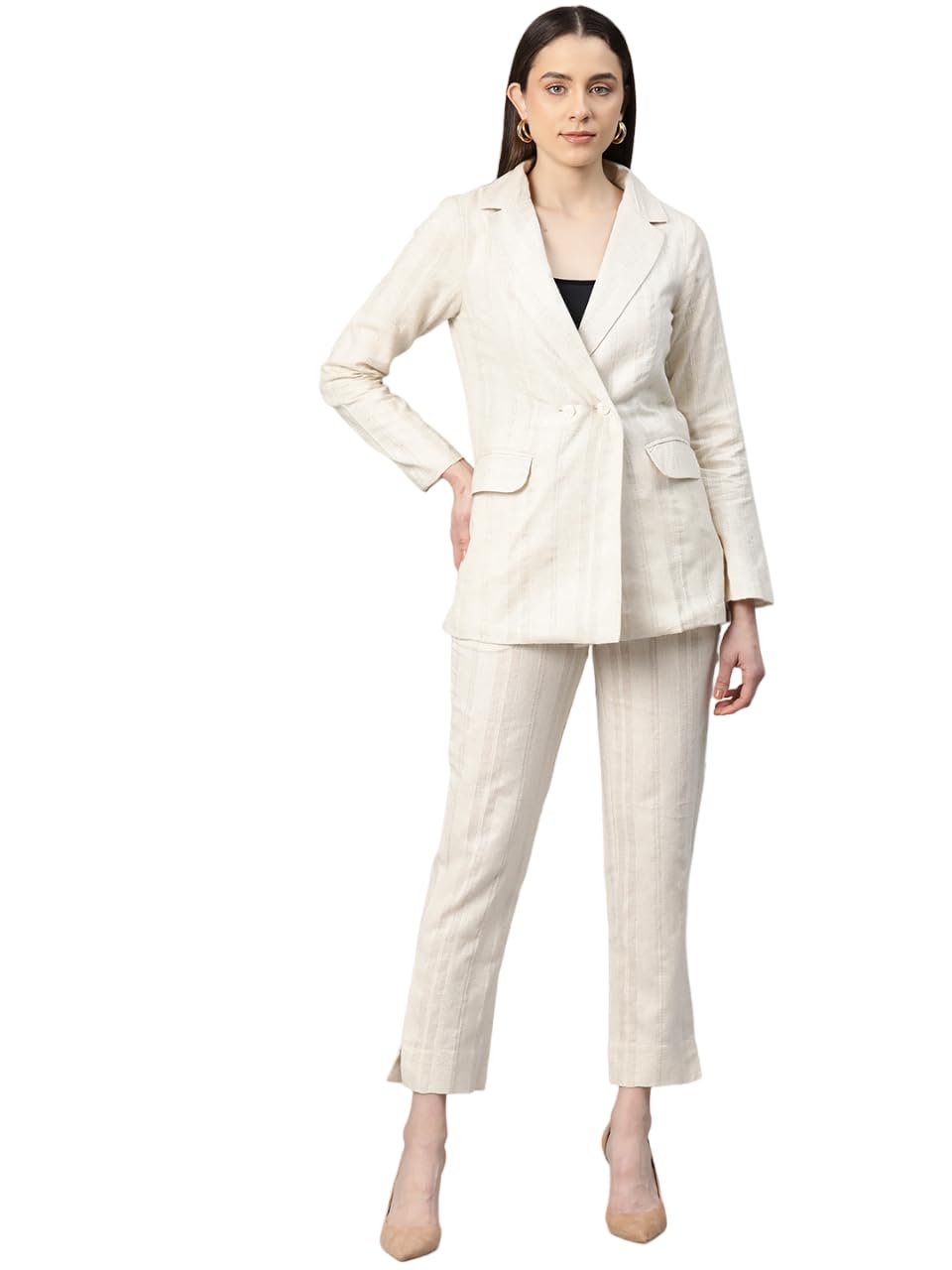 Women Striped Double Breasted White Blazer Suit Set-image-46