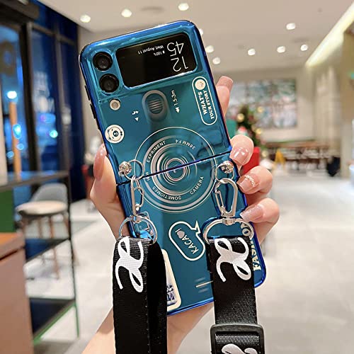 Coque Samsung Galaxy Z Flip 4 rigide bleu avec motif camera et sangle amovible