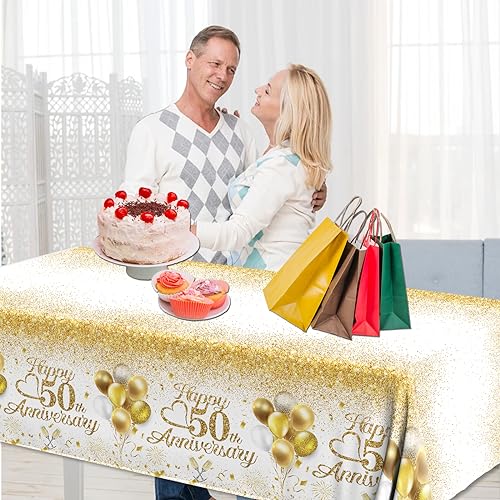 Image of Happy 50th Anniversary Table Cloth,50 Year Anniversary Decorations 3Pcs White and Gold Tablecloth Waterproof Rectangular Table Cover for 50 Year Old Birthday Party Supply