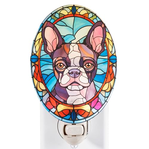 Image of Dog Night Light French Bulldog, Stained Glass Styled Plug-in Wall Nightlight, Bulb Included, Pet Memorial & Dog Lover Gift, Bedroom Hallway Bathroom Decor