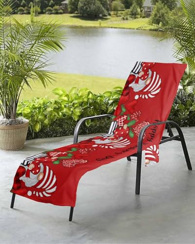 Valentines Gnomes Red Beach Chair Towel Covers for Chaise Lounge with Side Pocket, Soft Plush Pool Towels Cover for Patio Sunbathing Outdoor 29''x85'' Stripes Plaid Love Rose Flower