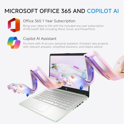 Image of HP 2026 14 inch Laptop Computer with Copilot AI, Intel N150, 16 GB RAM, 512 GB Storage(128GB UFS+256GB MSD+128GB UFD), 1-Year Office 365, WiFi 6, Ultra Light, Portable, Windows 11 Pro, Willow Green