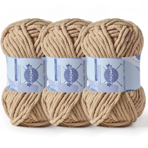 Image of 3 Pack Chunky Chenille Yarn for Crocheting, Baby Yarn for Crocheting Soft Blankets, Bulky Yarns for Crochet Amigurumi, 300g (223yds) Fluffy Velvet Yarns for Hand Knitting (3 Khaki)
