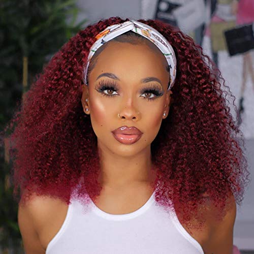BLY 99J Kinky Curly Headband Wig 10A Brazilian Red Headband Wig Glueless Machine Made None Lace Human Hair Wigs Burgundy Short Curly Headband Wig 180% Density for Women (16 Inch)