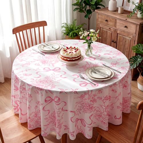 Image of Ganeen 6 Pcs Pink Bow Floral Tablecloths 84 Inch Plastic Round Table Covers Waterproof Coquette Birthday Party Decoration Pink Floral Table Covers for Women Bridal Baby Shower Bachelorette Party Decor