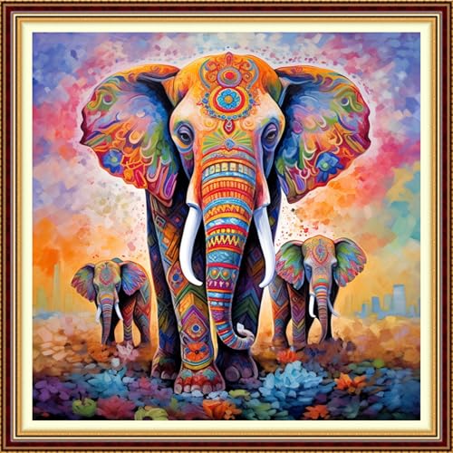 Image of Funchey Stamped Cross Stitch Kits, DIY Cross Stitch Pattern for Adults Beginners Needlepoint Kits Embroidery Kit Arts and Crafts 11CT-Colored Elephant 18x18 inch