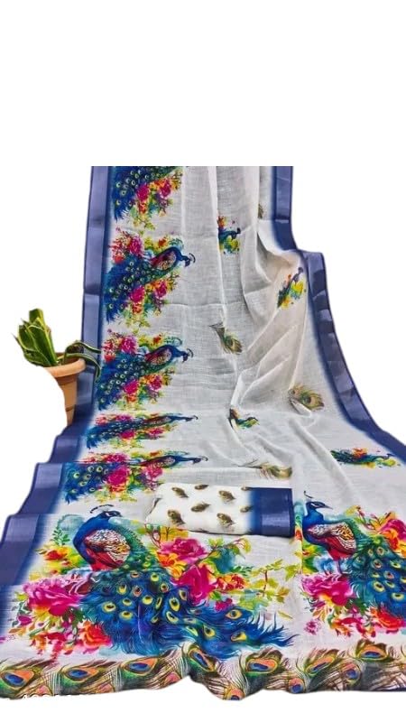Linen Cotton Saree with Designer Blouse Stylish Digital Print Peacock Saree-Designer saree-2-image-0