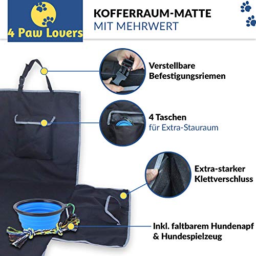 4 Paw Lovers Hundedecke Auto Kofferraum mit Stoßstangenschutz & 4 Taschen – Wasserdicht & Kratzfest, Universal 182 x 170 cm, Kofferraumschutz Matte