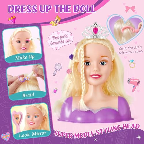 Frisierkopf Kinder Set Schminkkopf für Mädchen Kinder Spielzeug Puppenkopf Zum Frisieren Krone Haartrockner Kinderschminke Friseur Haarzubehör Weihnachten Geburtstags Geschenk Mädchen 3 4 5 6 (Lila)