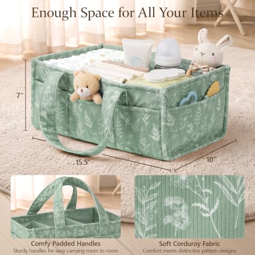 Image of Corduroy Baby Diaper Caddy Organizer with Handles, Nursery Storage Basket