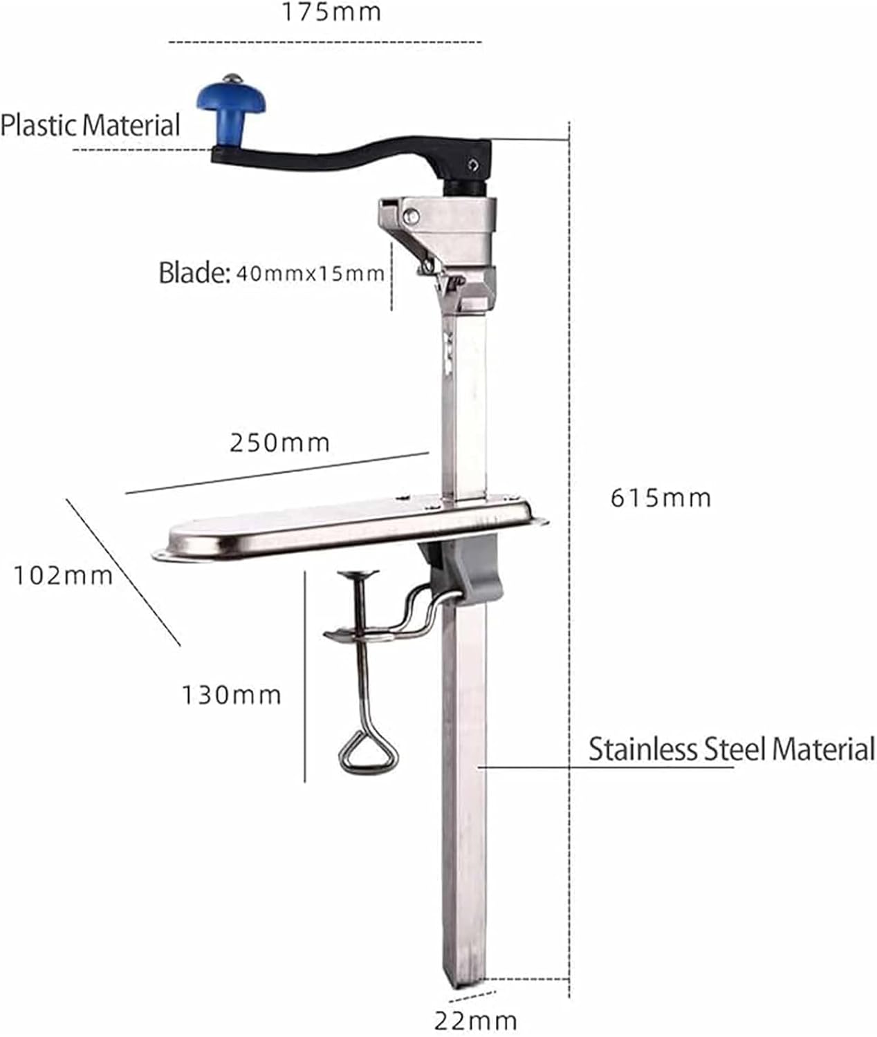 Stainless Steel Table-Mounted Can Opener, Manual Bench Tin Opener with Adjustable Height, Sharp Blade and Threaded Clamp Fixation, Features Long Crank Handle, for Fruit Soup Seafood Cans