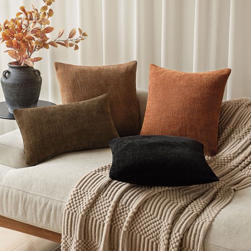 Image of Foindtower Pack of 2 Soft Textured Chenille Throw Decorative Pillow Covers Square Accent Solid Cushion Cover Cozy Neutral Farmhouse Pillow Case for Couch Sofa Bedroom Living Room 26x26 Inch,Orange