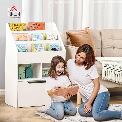 Miniatura 2 de Homcom Estantería Infantil De Madera Con 3 Compartimentos 2 Cubos Y Cajón Móvil Con 4 Ruedas Librería Infantil Para Habitación De Niños Sala De Juegos 60x29,9x90 Cm Blanco